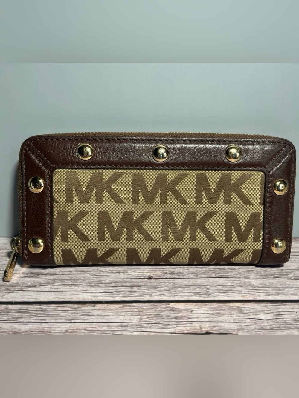 Michael Kors Delancy Signature MK Logo Leather Canvas Brown Wallet